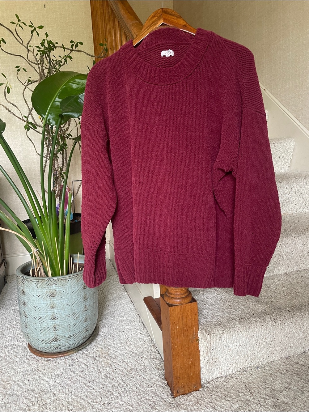 Aerie Chunky Chenille Crewneck Sweater in Deep Burgundy Wine